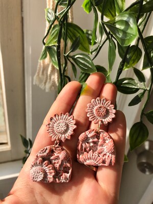 Glazed Terracotta polymer clay floral sunflower earrings, fall earrings, frosted terra cotta, floral textured earrings, modern earrings - image2